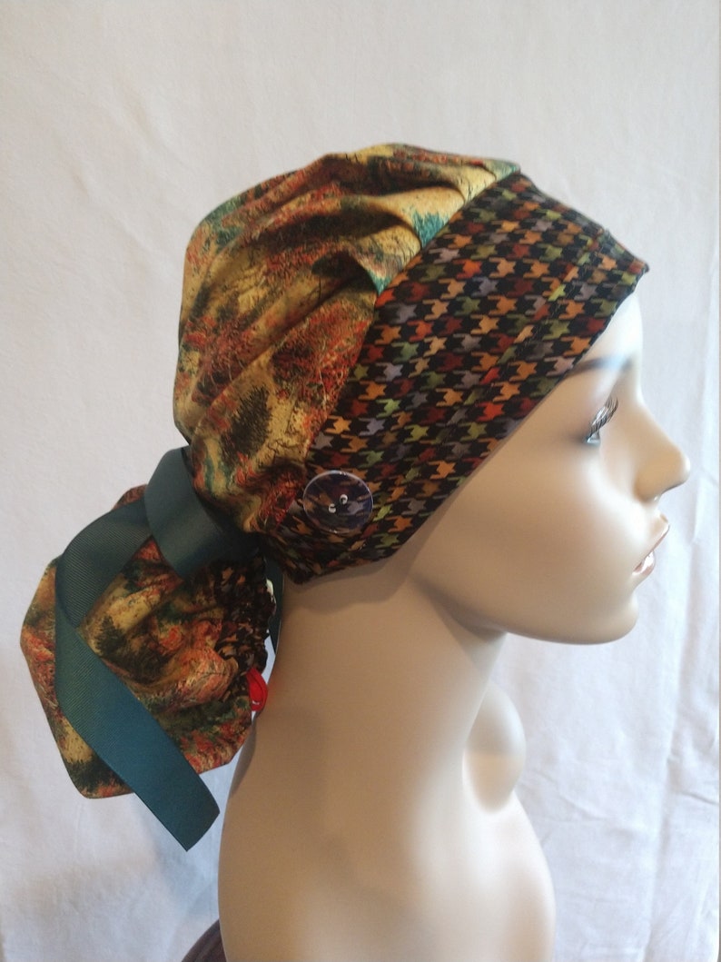 My nursing caps are handmade in my clean home.One size fits all using adjustable elastic with toggle and ribbon ties.Buttons to wear masks.