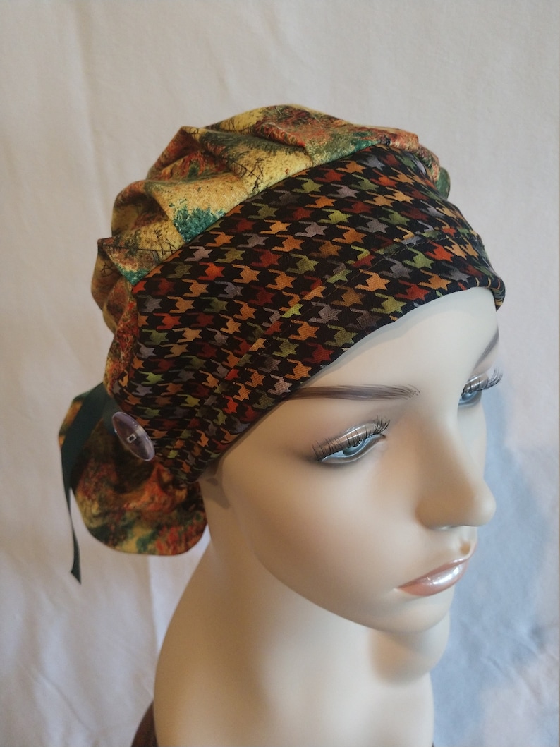 My nursing caps are handmade in my clean home.One size fits all using adjustable elastic with toggle and ribbon ties.Buttons to wear masks.