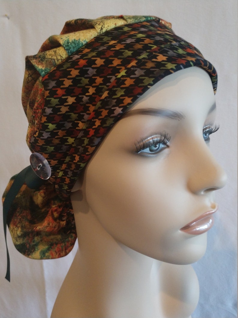 My nursing caps are handmade in my clean home.One size fits all using adjustable elastic with toggle and ribbon ties.Buttons to wear masks.