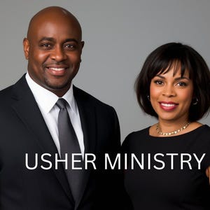 Könnte beinhalten: Ein Studio-Porträt von zwei lächelnden Personen, einem Mann und einer Frau, vor grauem Hintergrund. Der Mann trägt einen schwarzen Anzug und Krawatte, die Frau ein schwarzes Kleid und Halskette. Der Text "USHER MINISTRY" ist weiß.