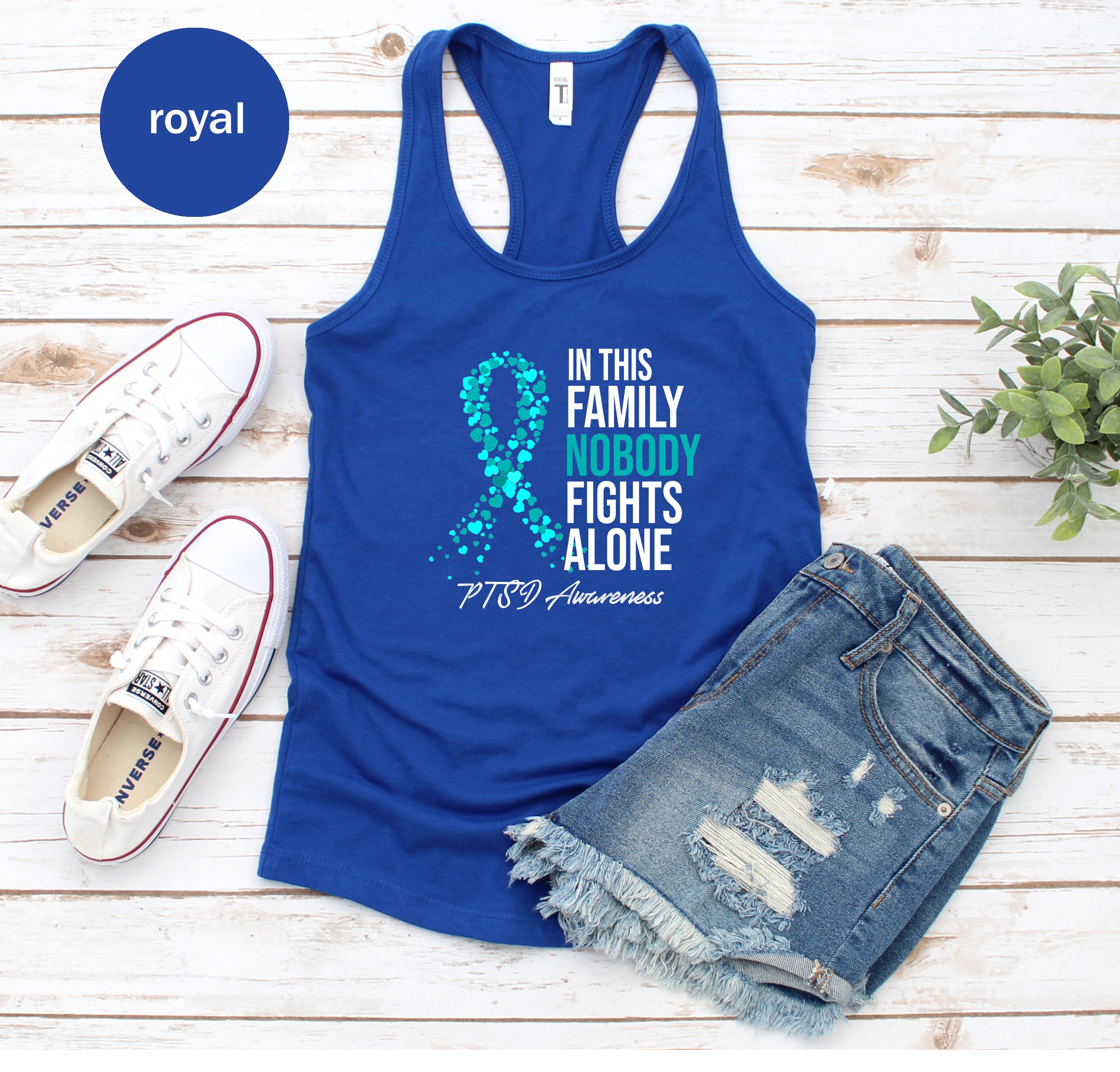 Awareness Month Ribbon Support Squad Gift In This Family Nobody Fights Alone Buy 2+ Get 30% OFF PTSD Awareness Unisex T-shirt