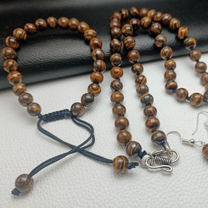 Vackert naturligt tigeröga, tigerögahalsband, örhängen och armbandsset, justerbart tigerögahalsband, örhängen, armbandsset.