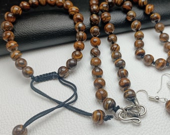 Beautiful Natural Tiger Eye, Tiger eye Necklace, Earrings & Bracelet Set, Tiger eye Adjustable Noted tread Necklace, Earrings, Bracelet set.