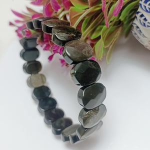 AAA Quality Natural Oval Shape Faceted Black Obsidian Bracelet, 7.5 inches Adjustable Gemstone Natural Black Obsidian gemstone Bracelet.