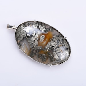 Solid 925 Sterling Silver and Natural Marcasite Pendant , Handmade Marcasite Smooth Oval Marcasite Gemstone Pendant , Silver jewellery.