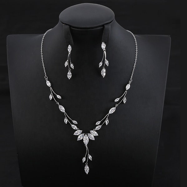 Platinum Plated Bridal Jewelry Set, Leaf Necklace and Earrings, Cubic Zirconia