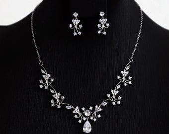 Bridal Jewelry Set, Teardrop Necklace with Beautiful Flower Vine Shaped Earrings, Silver Jewelry for Bride and Bridesmaid, Zirconia