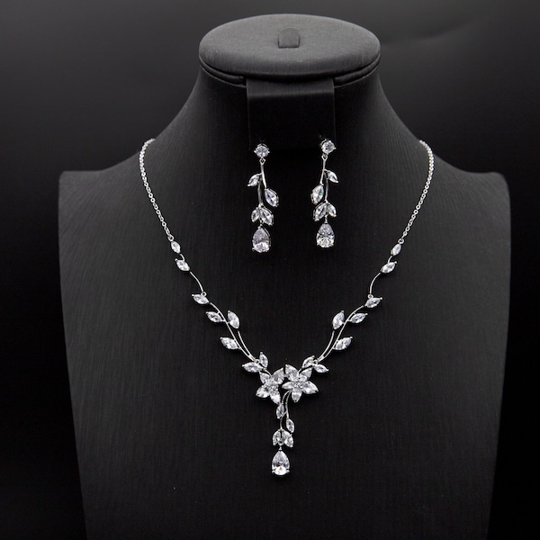 Elegant Bridal Jewelry, Bridal Jewelry Set, Tear Drop Pendant, Cz Necklace and Dangle Earrings Set Platinum Plated - Silver