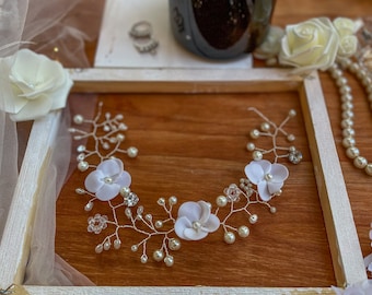 Braut Haarschmuck floraler Haarkranz mit Blumen Perlen Perlen, floraler Haarkamm silberner Haarkranz Hochzeit Haarschmuck ~H-14