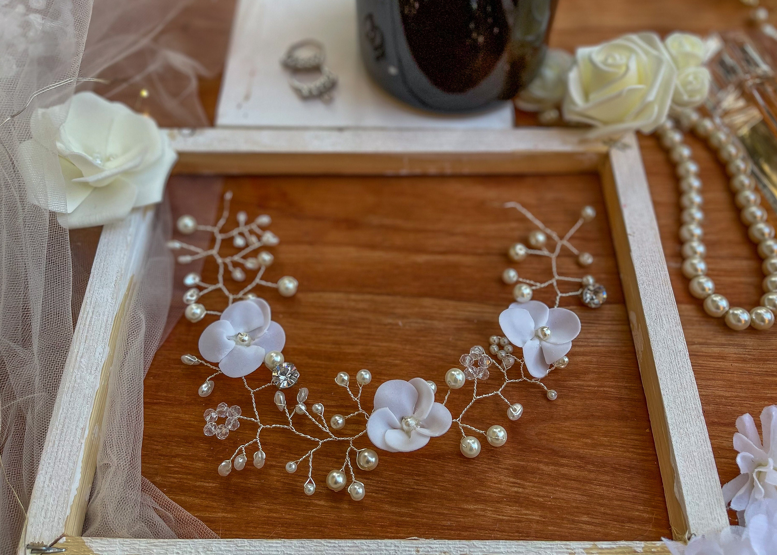 bridal hair piece floral hair vine with flowers beaded pearls, floral hair comb silver hair vine wedding hair piece ~H-14