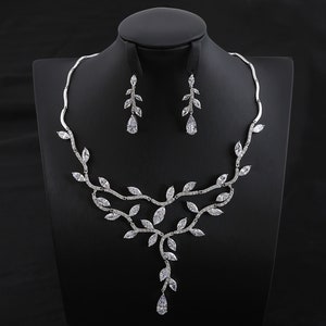 Bridal Jewelry Set For Bride, Wedding Jewelry Set, Leaf Necklace and Earrings Set, Cubic Zirconia Leaves