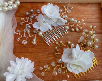 Pearl Hair Comb Wedding Hair Comb Gold Leaf Hair Comb Flower Hair Comb Bridal Headpiece Bridal Hair Comb ~H-3