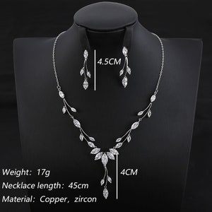 Beautiful Bridal Jewelry Set For Bride, Dainty Necklace and Earrings Set, Platinum Plated Leaf Shape Statement Necklace image 10