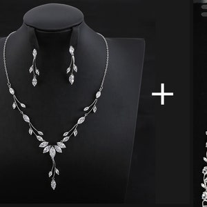 Beautiful Bridal Jewelry Set For Bride, Dainty Necklace and Earrings Set, Platinum Plated Leaf Shape Statement Necklace image 7