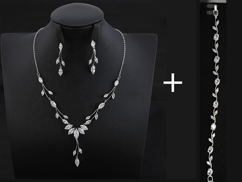 Beautiful Bridal Jewelry Set For Bride, Dainty Necklace and Earrings Set, Platinum Plated Leaf Shape Statement Necklace image 7