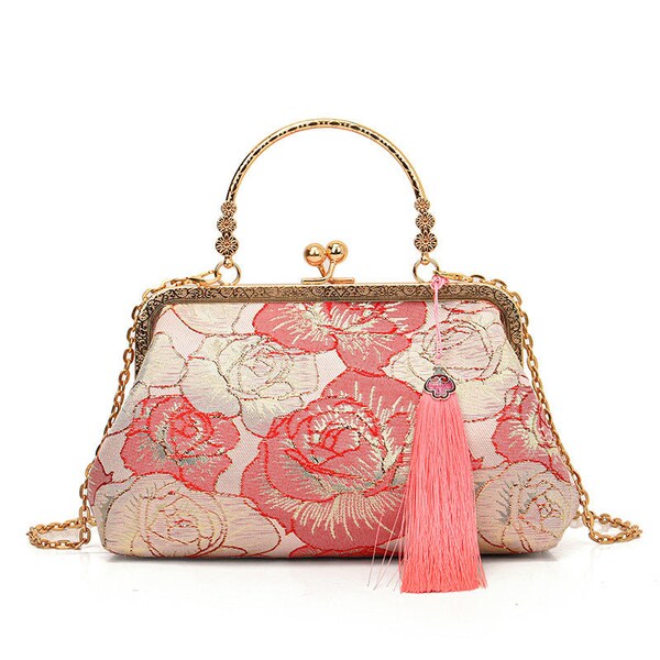 White Floral Bag Evening Clutch With Simple Roses Design, Golden Chain and Handle