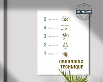 Puede incluir: Un póster blanco con las palabras "Técnica de conexión a tierra" y pasos numerados con ilustraciones correspondientes de los sentidos. El póster está en una pared blanca con una sombra y una planta en primer plano. Un sello de "Mejor calidad" está en la esquina superior derecha.
