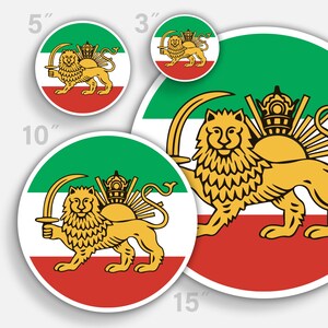 May include: Set of four round stickers featuring the Iranian flag. The flag is green, white, and red with a stylized lion and sun emblem in the center. The stickers are available in 3-inch, 5-inch, 10-inch, and 15-inch sizes.