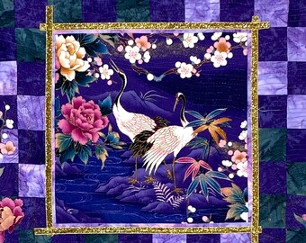 The Purple Quilt - Cranes, 9-Patch, Raw Edge Applique, Metallic Thread, Gold Trim, Original Fine Art Textile Quilt Wall Hanging