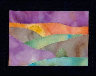 Alien Landscape I - Raw Edge Applique, Hills, Mountains, Tree, Sun, Original Fine Art Textile Quilt Wall Hanging