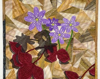 Hepaticas - Snippet Background, Lilac Flowers, Raw Edge Applique, Shadow, Beads, Bug, Original Fine Art Textile Quilt Wall Hanging
