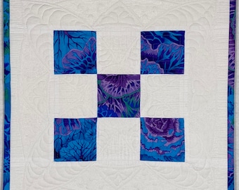 Divide & Design - Modern, Blue on White Nine-Patch, Custom Quilting, Original Fine Art Textile Quilt Wall Hanging