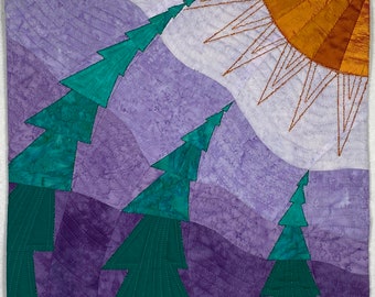 Windswept Trees - Pine Trees, Flying Geese Blocks, Paper-pieced, Silk, Original Fine Art Textile Quilt Hanging