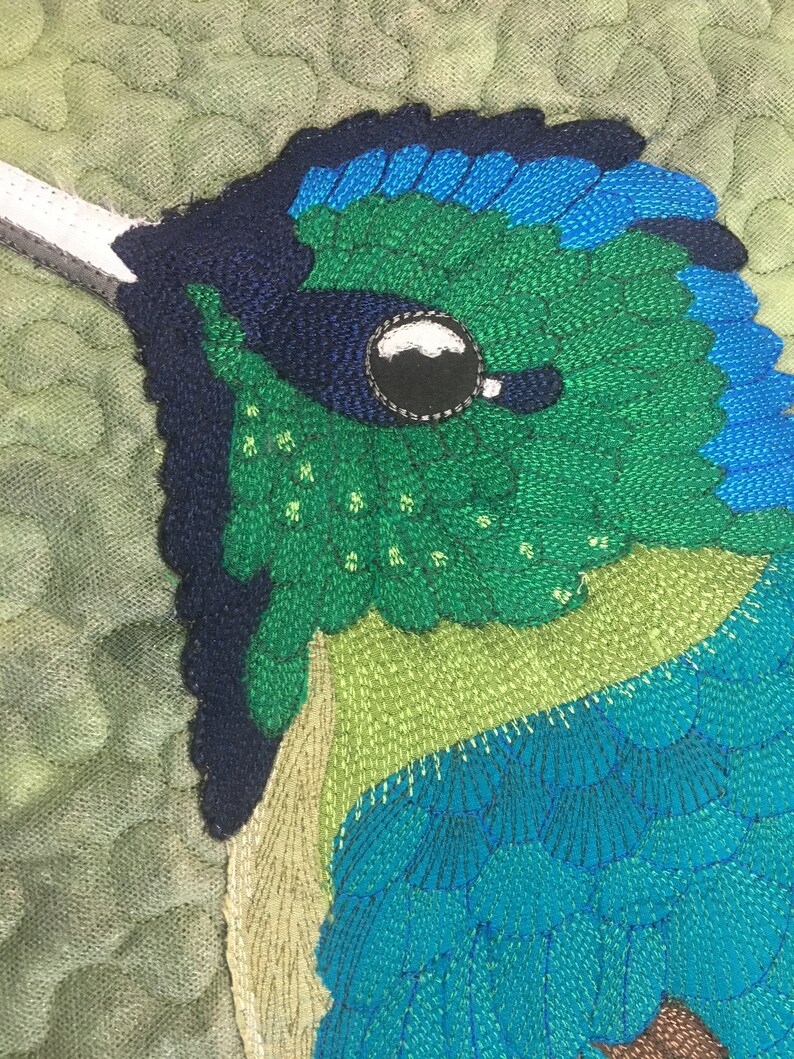 Long Tailed Sylph Hummingbird -blue Green Bird, Silk, Thread Painting ...