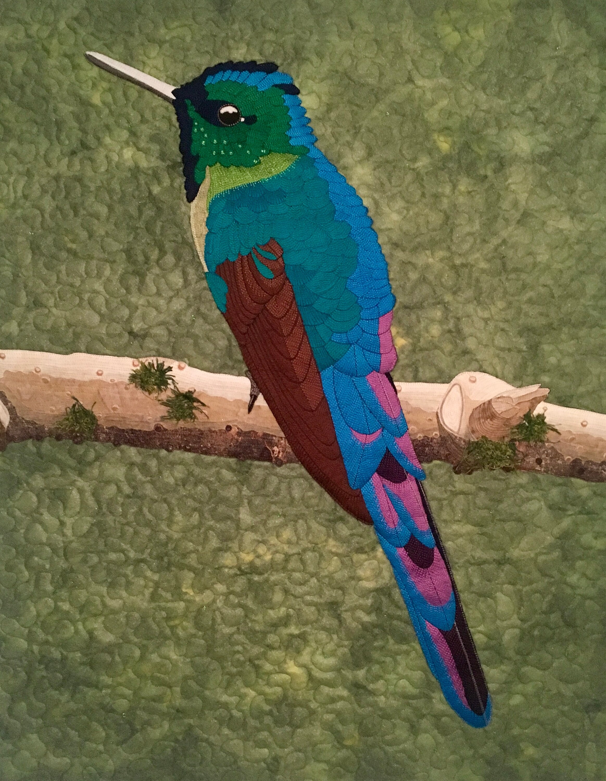 Long Tailed Sylph Hummingbird -blue Green Bird, Silk, Thread Painting ...