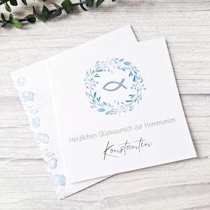 Karte zur Kommunion, Erstkommunion Grusskarte, Individuelle Glückwunschkarte  mit Personalisierung, Kommunionskarte