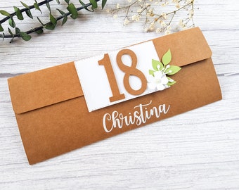 Geldgeschenk zum 18. Geburtstag mit Namen - personalisiert, Gutscheinverpackung Umschlag für Geld, Gutschein Verpackung, Geburtstagsgeschenk