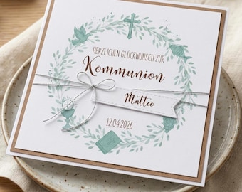 Glückwunschkarte Kommunion personalisiert mit Namen & Datum -Karte zur Erstkommunion – Geldgeschenk Verpackung Motive Fisch, Kreuz, Kelch