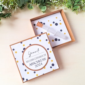 Geldgeschenk zum Schulabschluss, Studium, Bachelor, Master, Geschenkbox mit Reagenzglas, Glückwunsch Master Bachelor mit Personalisierung