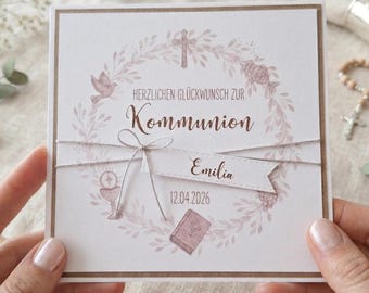 Glückwunschkarte Kommunion personalisiert mit Namen & Datum -Karte zur Erstkommunion – Geldgeschenk Verpackung Motive Fisch, Kreuz, Kelch