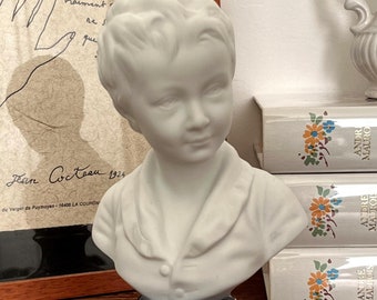 Buste Jeune Garçon en Porcelaine de Limoges, figurine Bisque Biscuit Sculpture Par Camille Tharaud