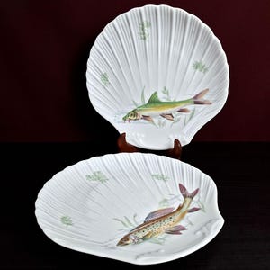 Peut inclure: Deux assiettes décoratives blanches en forme de coquillage. Chaque assiette présente une illustration détaillée d'un poisson dans des tons de vert, jaune et marron, avec des plantes aquatiques. Les assiettes sont sur une surface sombre.