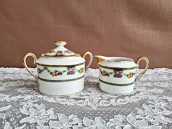 Vintage Französisches U. C. Limoges Porzellan Zuckerdose mit Deckel und Milchkännchen Set