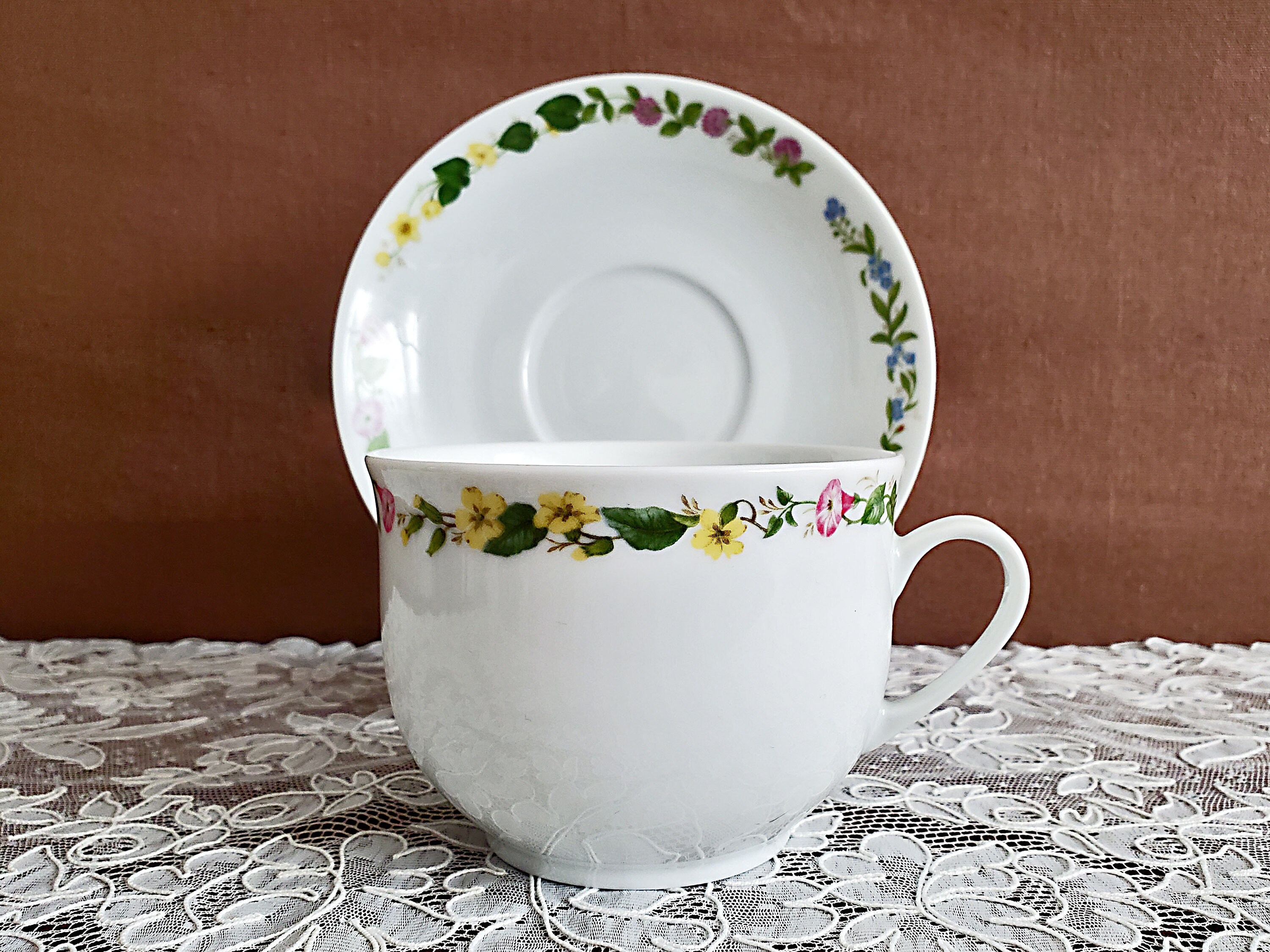 Large Sologne porcelain cup and saucer, floral decoration, French vintage