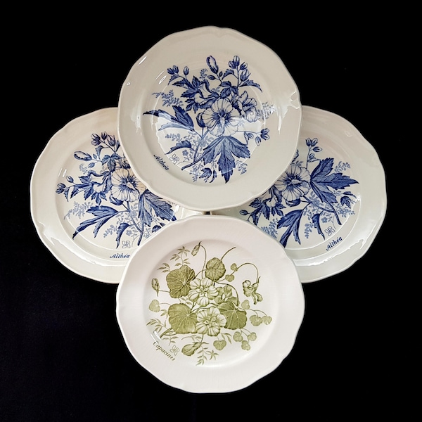 Ensemble de 4 assiettes à dessert en faïence de Gien Terre de fer motif botanique Althéa et capucines, vintage Français