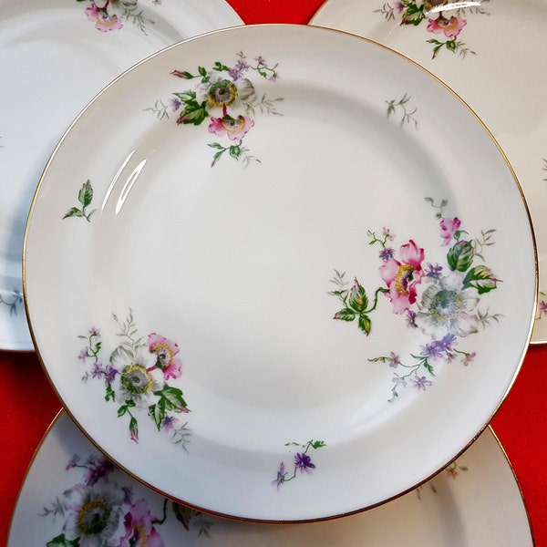 Ensemble 4 assiettes à dessert motif floral en porcelaine Dure - Georges Boyer Limoges  - Limoges France - Vintage