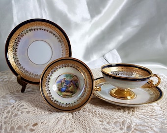 2 small antique German luster teacups and saucers, fine porcelain Bavaria Ilmenau Graf von Henneberg