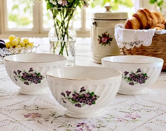 Ciotole da colazione vintage in porcellana francese con fiori viola – ciotola retrò – stoviglie antiche – ciotola da caffè latte – vintage francese