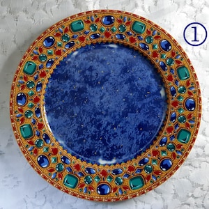 Large ceramic flat plate by Geneviève Lethu, Mérovée model, decorated with precious stones, vintage French year 1990