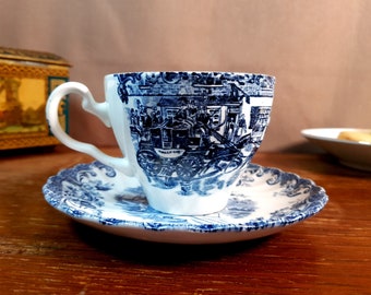 Johnson Bros Tea Cup with Saucer, Blue Training Scenes, Ironstone, Made in England