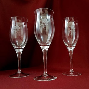 Set of crystal champagne glasses, engraved stemmed glasses, floral pattern