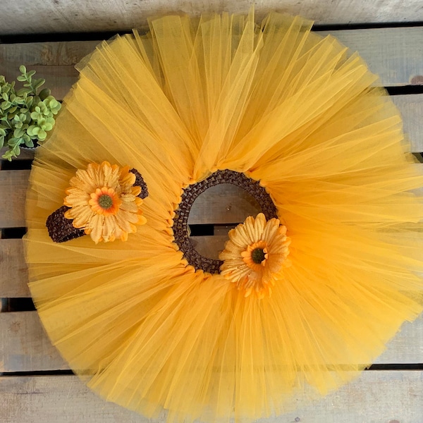 Sunflower Tutu Sunflower Headband Sunflower Dress 1st Birthday outfit photo shoot prop Halloween Costume Smash Cake Flower Child Theme Party