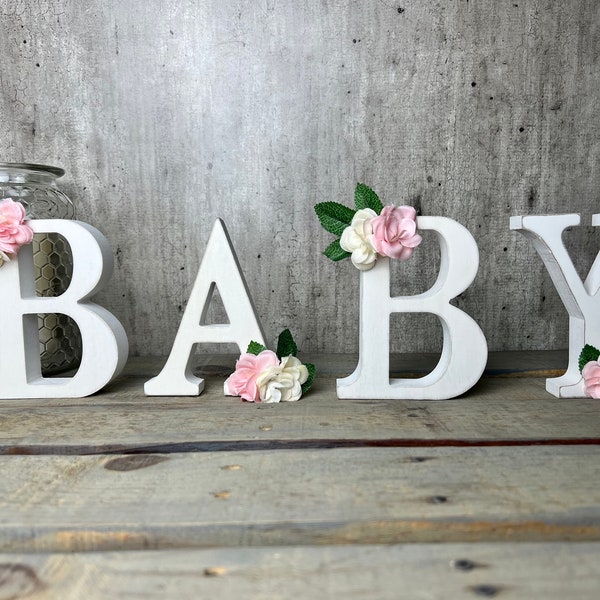 BABY Floral Letters Baby Shower Decor Initials New Baby Gift Baby Nursery Idea Shabby Chic Nursery Distressed Wood Letter Flower Initial