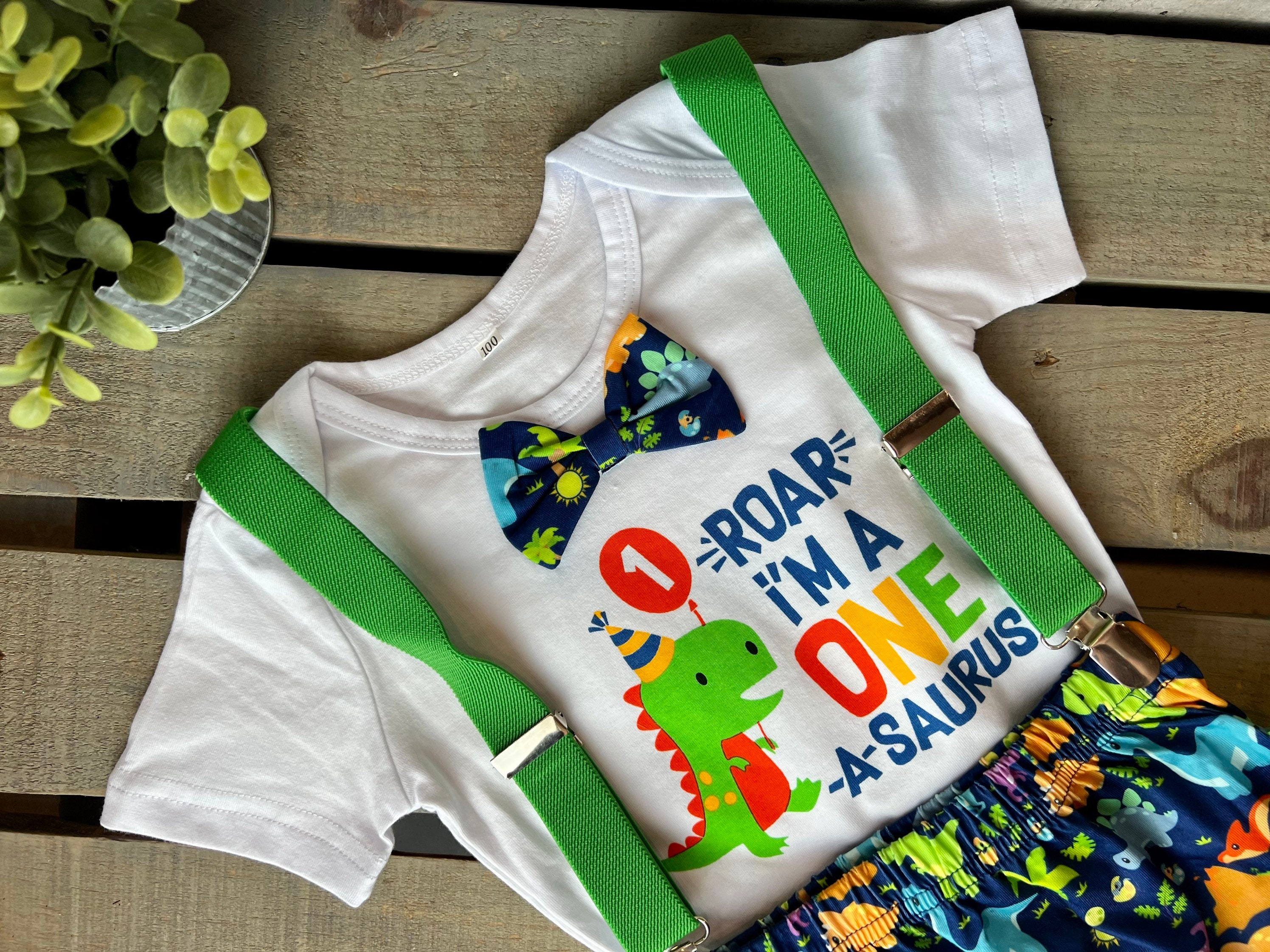 Baby Boys 1st Birthday Cake Smash Outfit Short Sleeve Bodysuit Bloomers Adjustable Back Suspenders Clothes Set for Dinosaur Birthday Party Etsy