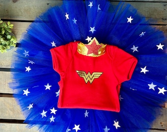 Wonder Costume for Baby Woman Costume Superhero Costume Star Tutu Skirt ONE der Woman WW Girl Power Feminist Baby’s 1st Halloween Superhero