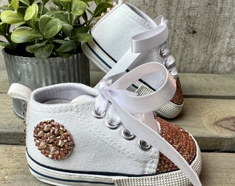 Rhinestone Bling Rose Gold High Top Sneakers, Like Converse! Baby’s 1st shoes sneakers/Crib Shoes  Baby shower Gift New Baby/ Star shoes